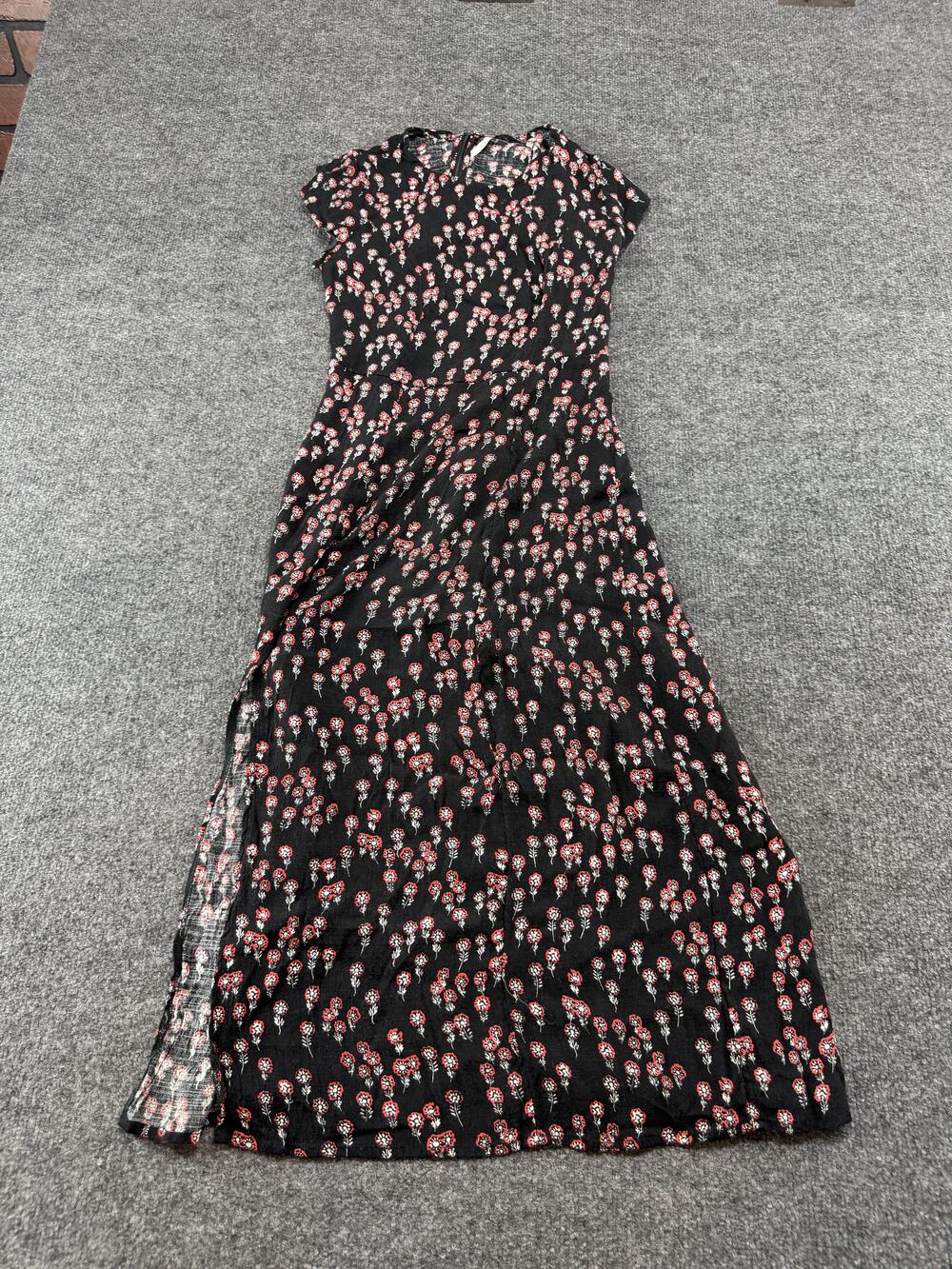 Free People Dress Womens XS Black Floral Fit & Flare Midi Side Slit Boho